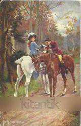 Efemera - Resim Sanatı, Yabancı Eski Orijinal Kartpostal: At üstünde adam ve kadın. - kitantik - kitaLog