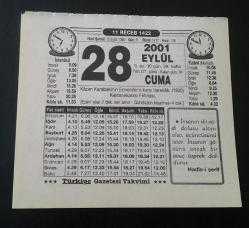 Efemera - 28 EYLÜL 2001 CUMA TAKVİM YAPRAĞI - kitantik - kitaLog