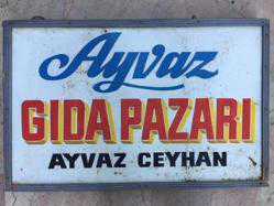 Antika - AYVAZ GIDA PAZARI BAKKAL TABELASI TENEKE CİFT TARAFLI EL CİZİM AYVAZ CEYHAN - kitantik - kitaLog