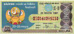 MP.1430  MİLLİ PİYANGO 29 MAYIS 1987 SİLİFKE MÜZİK VE FOLKLOR FESTİVALİ K-B ÇEYREK BİLET