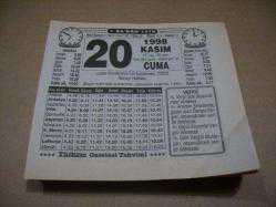 Efemera - 20 kasım 1998 takvim yaprağı (türkiye gazetesi takvimi) - kitantik - kitaLog