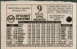 Efemera - 9 EYLÜL 1996 PAZARTESİ DİYANET TAKVİMİ YAPRAĞI - kitantik - kitaLog