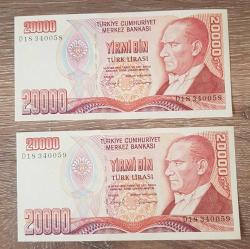 Efemera - 20000 TÜRK LİRASI - YİRMİ BİN TÜRK LİRASI - SERİ NO: D 18340058 / D18 340059 - KAĞIT PARA ( 2 ADET ) - kitantik - kitaLog