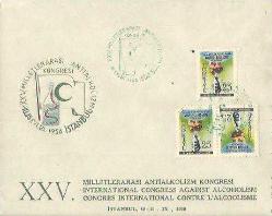 İLK GÜN ZARFI - MİLLETLER ARASI ANTİALKOLİZM KONGRESİ TEMALI - 3 PULLU ÇİFT KAŞELİ - 10-15 EYLÜL 1956 - İSTANBUL