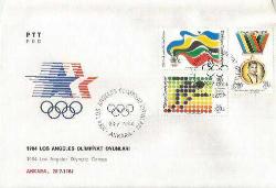 PTT İLK GÜN ZARFI - 1984 LOS ANGELES OLİMPİYAT OYUNLARI TEMALI - ANKARA 28.7.1984 - 3 PULLU ÇİFT KAŞELİ