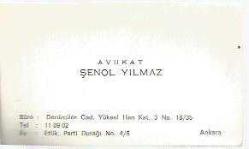 KARTVİZİT - AVUKAT ŞENOL YILMAZ - BÜRO : DENİZCİLER CAD. YÜKSEL HAN KAT :3 NO : 18/35 - TEL : 11 89 02 - ANKARA