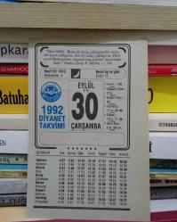 Efemera - 30 Eylül 1992 Çarşamba - Diyanet Takvim Yaprağı - kitantik - kitaLog