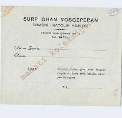 Efemera - Surp Ohan VOSGEPERAN Ermeni Katolik Kilisesi - Antetli yardım zarfı - Efemera - kitantik - kitaLog