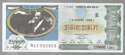MP.1952   MİLLİ PİYANGO 9 KASIM 1998 ATATÜRK'Ü ANMA HAFTASI ATATÜRK KAHVE R DÖRTTE BİR BİLET