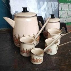 Antika - 1980 ler Emsanaş marka emaye çay kahve seti. Nostaljik dekoratif set. Toplam altı parça.. - kitantik - kitaLog