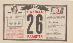 Kızılay Takvim Yaprağı - 26 Haziran 1972