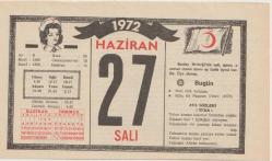 Kızılay Takvim Yaprağı - 27 Haziran 1972