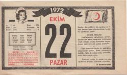 Kızılay Takvim Yaprağı - 22 Ekim 1972