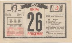Kızılay Takvim Yaprağı - 26 Ekim 1972