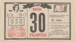 Kızılay Takvim Yaprağı - 30 Ekim 1972