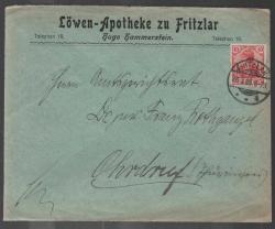 EFM.5260 1909 LÖW ECZANESİ ANTETLİ ALMANYA REICH 10 PFENNING TEK PULLA POSTADAN GEÇMİŞ ZARF