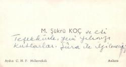Efemera - [Kartvizit] Aydın C.H.P. Milletvekili M. Şükrü Koç'a Ait, Arkası Yazılı - kitantik - kitaLog