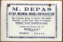 Efemera - M. Depas / Kitap, Mecmua, Model Kırtasiye Evi (İzmir) - Arkası Yazılı Kartvizit - kitantik - kitaLog