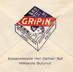 YENİ TURAN ECZANESİ / ARKASI GRİPİN REKLAMLI ZARF...