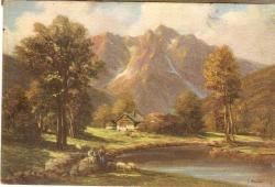 9-MANZARA ÇİZİM KARTPOSTAL- DAĞ EVİ VE GÖL