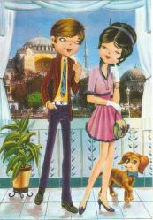 K-76-AYASOFYA GENÇ ÇİFT TEMALI ÇİZİM ESKİ KARTPOSTAL