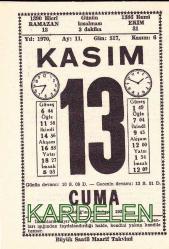 13 KASIM 1970 SAATLİ MAARİF TAKVİMİ YAPRAĞI