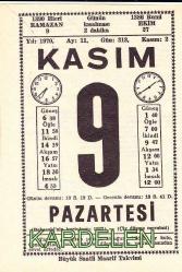 9 KASIM 1970 SAATLİ MAARİF TAKVİMİ YAPRAĞI