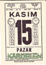 15 KASIM 1970 SAATLİ MAARİF TAKVİMİ YAPRAĞI