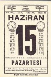15 HAZİRAN 1970 SAATLİ MAARİF TAKVİMİ YAPRAĞI