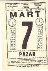 7 MART 1971 SAATLİ MAARİF TAKVİMİ YAPRAĞI