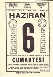 6 HAZİRAN 1970 SAATLİ MAARİF TAKVİMİ YAPRAĞI