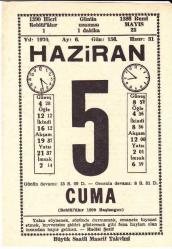 5 HAZİRAN 1970 SAATLİ MAARİF TAKVİMİ YAPRAĞI