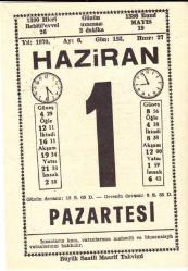 1 HAZİRAN 1970 SAATLİ MAARİF TAKVİMİ YAPRAĞI