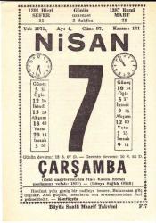 7 NİSAN 1971 SAATLİ MAARİF TAKVİMİ YAPRAĞI