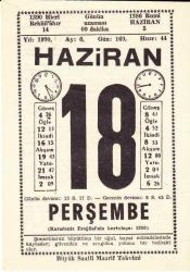 18 HAZİRAN 1970 SAATLİ MAARİF TAKVİMİ YAPRAĞI