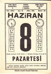 8 HAZİRAN 1970 SAATLİ MAARİF TAKVİMİ YAPRAĞI