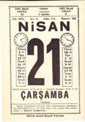 21 NİSAN 1971 SAATLİ MAARİF TAKVİMİ YAPRAĞI
