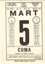 5 MART 1971 SAATLİ MAARİF TAKVİMİ YAPRAĞI