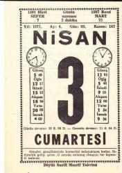 3 NİSAN 1971 SAATLİ MAARİF TAKVİMİ YAPRAĞI