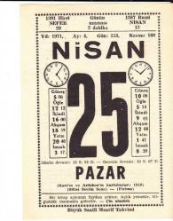 25 NİSAN 1971 SAATLİ MAARİF TAKVİMİ YAPRAĞI