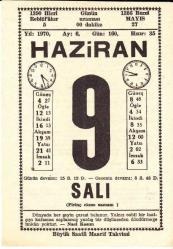 9 HAZİRAN 1970 SAATLİ MAARİF TAKVİMİ YAPRAĞI