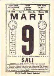 9 MART 1971 SAATLİ MAARİF TAKVİMİ YAPRAĞI