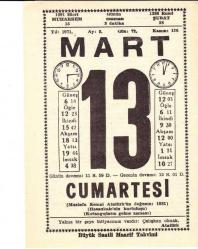 13 MART 1971 SAATLİ MAARİF TAKVİMİ YAPRAĞI