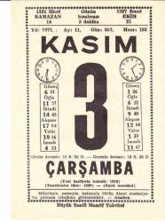 3 KASIM 1971 SAATLİ MAARİF TAKVİMİ YAPRAĞI