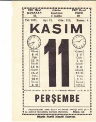 11 KASIM 1971 SAATLİ MAARİF TAKVİMİ YAPRAĞI