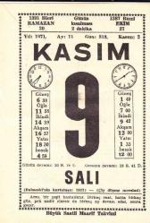 9 KASIM 1971 SAATLİ MAARİF TAKVİMİ YAPRAĞI