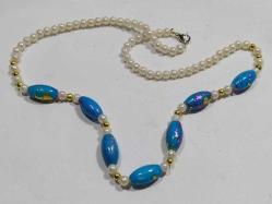 K13- MAVİ BONCUK VE İNCİ İŞLEMELİ KOLYE