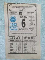 DİYANET TAKVİMİ - TAKVİM YAPRAĞI - 6 TEMMUZ 1992