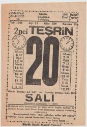 Takvim Yaprağı: Büyük Saatli Maarif Takvimi 20 2nci Teşrin [Kasım] 1945