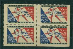 1932 Yılı Amerika Los Angeles Olimpiyat Oyunları Poster Pulu 4'lü Blok DBL